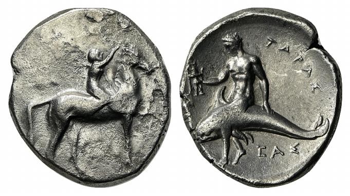 Southern Apulia, Tarentum, Nomos, ca. 302-280 BC. AR (g 7,63; mm 21; h 12). Yout...