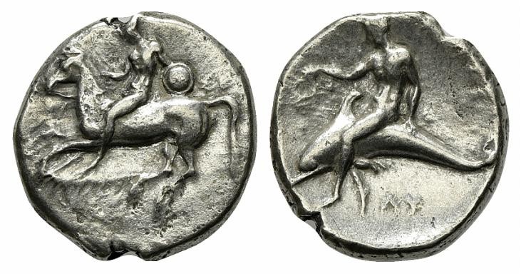 Southern Apulia, Tarentum, Nomos, ca. 302-280 BC. AR (g 7,72; mm 20; h 5). Nude ...