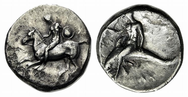 Southern Apulia, Tarentum, Nomos, ca. 302-280 BC. AR (g 7,67; mm 20; h 6). Nude ...