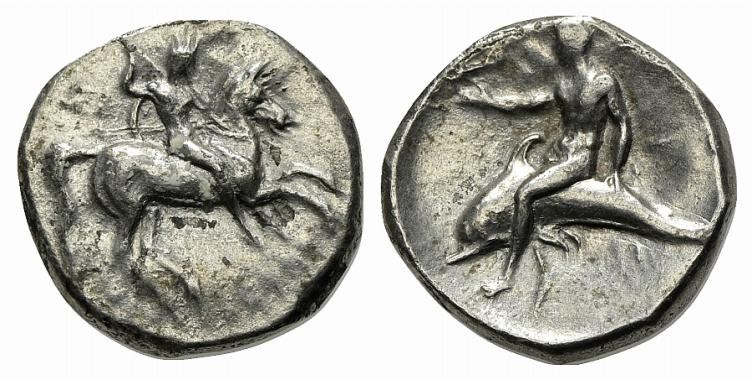 Southern Apulia, Tarentum, Nomos, ca. 302-280 BC. AR (g 7,75; mm 21; h 5). Warri...