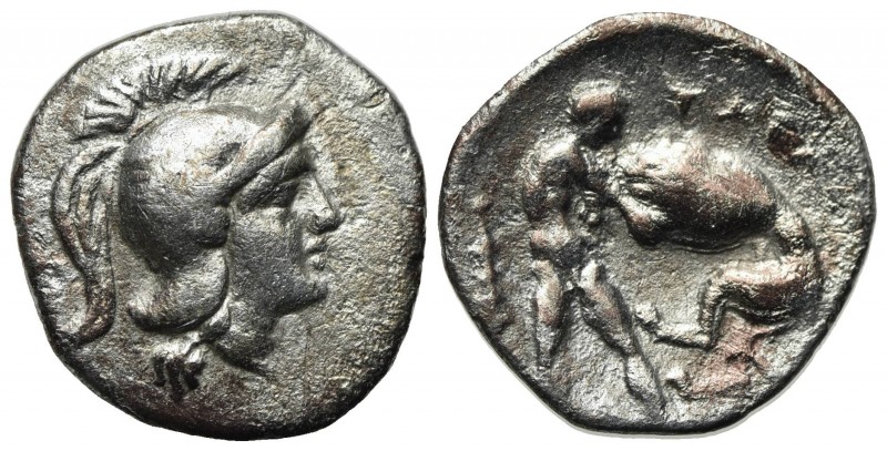 Southern Apulia, Tarentum, Diobol, ca. 325-280 BC. AR (g 0,84; mm 12; h 3). Head...