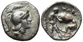 Southern Apulia, Tarentum, Diobol, ca. 325-280 BC. AR (g 0,84; mm 12; h 3). Head of Athena r., wearing crested Attic helmet; Rv. TAP, Herakles standin...