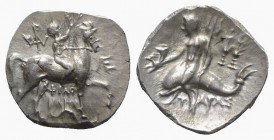 Southern Apulia, Tarentum, Nomos, ca. 240-228 BC. AR (g 6,61; mm 20; h 5). Philokles, Le..., and Arn..., magistrates. Rider on horseback r., holding r...