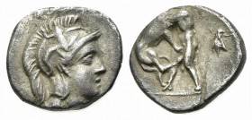 Southern Apulia, Tarentum, Diobol, ca. 280-228 BC. AR (g 1,06; mm 10; h 6). Helmeted head of Athena l., wearing crested helmet decorated with Skylla; ...