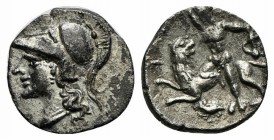 Southern Apulia, Tarentum, Diobol, ca. 280-228 BC. AR (g 0,79; mm 10; h 12). Head of Athena l., wearing Corinthian helmet; Rv. Herakles l., raising cl...