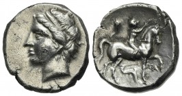 Southern Apulia, Tarentum, Campano-Tarentine series, Didrachm, ca. 281-272 BC. AR (g 7.26, mm 20, h 6). Diademed head of nymph l., wearing triple-pend...