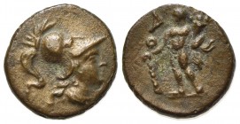 Southern Apulia, Uxentum, ca. 150-125 BC. AE (g 1,96; mm 14; h 12). Helmeted head of Athena r.; Rv. AO, Herakles standing l., holding club and cornuco...