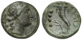 Northern Lucania, Paestum, Triens, ca. 264-241 BC. AE (g 3,61; mm 15; h 12). Female head r., wearing ivy-wreath; at l. four pellets, Rv. PAIS, cornuco...