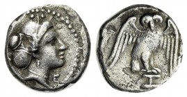 Northern Lucania, Velia, Diobol, ca. 300-280 BC; AR (g 0,90; mm 9; h 5). Head of nymph r., hair in sakkos; Rv. Owl facing with spread wings, standing ...