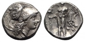 Southern Lucania, Herakleia, Stater, ca. 281-278 BC; AR (19mm, 7.82g, 4h). Head of Athena r., wearing crested Corinthian helmet decorated with Skylla ...