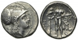 Southern Lucania, Herakleia, Stater, ca. 281-278 BC; AR (g 7.41; mm 20.5; h 2). [|-H]PAKΛHIΩN, Head of Athena r., wearing crested Corinthian helmet de...