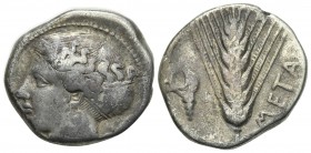 Southern Lucania, Metapontion, Stater, ca. 400-340 BC. AR (g 6,47; mm 20; h 8). Head of Demeter l., wearing barley ear wreath; spray of barley behind,...