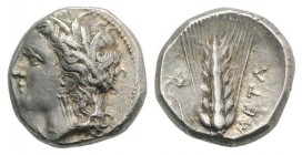 Southern Lucania, Metapontion, Stater, ca. 330-290 BC; AR (19mm, 7.95g, 3h). Wreathed head of Demeter l.; Rv. META, Barley ear with leaf to l.; above ...