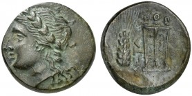 Southern Lucania, Metapontion, ca. 300-250 BC; AE (g 2,71; mm 15; h 2); Laureate head of Apollo l. Rv. META, Grain ear with leaf to l.; tripod to r. J...