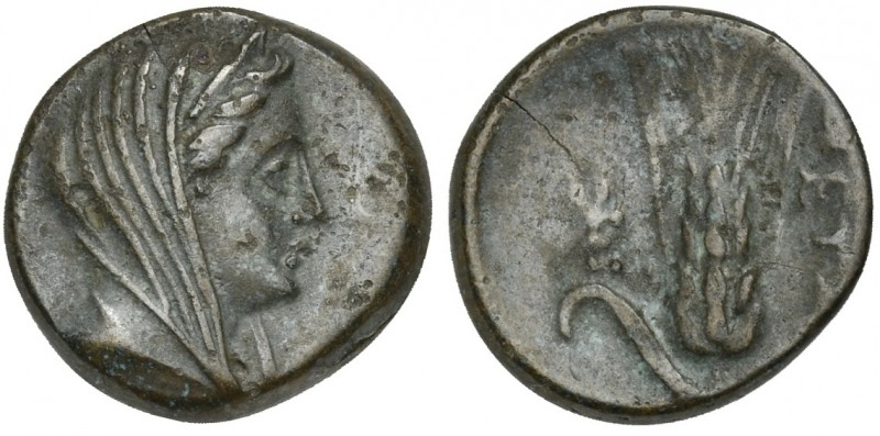 Southern Lucania, Metapontion, ca. 300-250 BC; AE (g 2,69; mm 15; h 3); Veiled h...