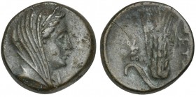 Southern Lucania, Metapontion, ca. 300-250 BC; AE (g 2,69; mm 15; h 3); Veiled head of Demeter r., wearing stephane; Rv. META, Grain ear with bud to l...
