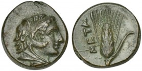 Southern Lucania, Metapontion, ca. 300-250 BC; AE (g 2,31; mm 14; h 3). Head of Herakles r., wearing lion's skin headdress Rv. META, Ear of barley. Jo...