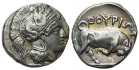 Southern Lucania, Thourioi, Stater, ca. 400-350 BC. AR (g 7.69; mm 20; h 9). Helmeted head of Athena r., helmet decorated with Skylla pointing and hol...