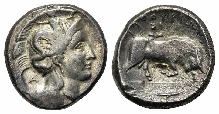 Southern Lucania, Thourioi, Distater, ca. 350-300 BC;. AR (g 15,31; mm 25; h 9)....