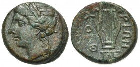 Southern Lucania, Thourioi, after 280 BC; AE (g 3.33; mm 15.5; h 11). Laureate head of Apollo l.; Rv. ΘOY-PIΩN, kithara; monogram below. HNItaly 1926;...