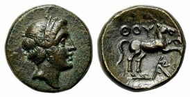 Southern Lucania, Thourioi, ca. 280-213 BC; AE (g 2,79; mm 13,5; h 5). Laureate head of Apollo r.; Rv. ΘOY, Horse prancing r.; monogram below. HNItaly...