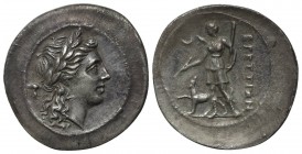 Bruttium, The Brettii, Hemidrachm, ca. 216-214 BC. AR (g 2,54; mm 19; h 1). Laureate head of Apollo r.; plectrum to l.; Rv. BPETTIΩN, Artemis standing...