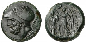 Bruttium, The Brettii, ca. 214-211 BC; AE Double (g 14,69; mm 25; h 11); Bearded head of Ares l., wearing crested Corinthian helmet, decorated with gr...