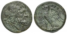 Bruttium, The Brettii, ca. 211-208 BC; AE Unit (g 11,18; mm 24; h 3); Laureate head of Zeus r. Rv. BPETTIΩN, Eagle standing l., with wings spread. HNI...