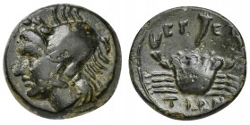 Bruttium, The Brettii, ca. 214-211 BC; AE Quarter (g 1,75; mm 13; h 3); Wreathed head of a river-god l.; grain ear behind; Rv. Crab; cornucopiae above...