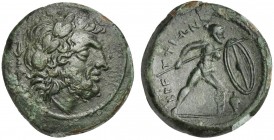 Bruttium, The Brettii, ca. 211-208 BC; AE Unit (g 7,50; mm 23; h 6); Laureate head of Zeus r.; thunderbolt behind Rv. BPETTIΩN, Naked warrior advancin...