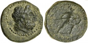 Bruttium, The Brettii, Half Unit, ca. 211-208 BC. AE (g 4,39; mm 18; h 1). Laureate head of Zeus r., Rv. Warrior advancing right, nude but for helmet,...