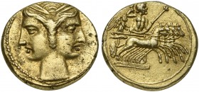 Bruttium, Carthaginian occupation, 3/8 Shekel, c. 216-211 BC. EL (g 2,34; mm 15; h 12), Janiform female heads, each wearing wreath of grain, Rv. Zeus,...