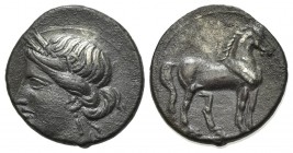 Bruttium, Carthaginian occupation, Quarter Shekel, ca. 215-205 BC. AR (g 1.77; mm 14; h 12). Wreathed head of Tanit-Demeter l.; Rv. Horse standing r. ...
