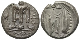 Bruttium, Kroton, Stater, ca. 480-430 BC. AR (g 7,78; mm 19; h 1). ϘPO, Tripod with legs terminating in lion's feet; to l., heron standing r.; volute ...