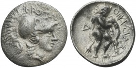 Bruttium, Kroton, Triobol, ca. 300-250 BC; AR (g 0,90; mm 13; h 12); Helmeted head of Athena r.; Rv. Herakles standing r., leaning on club set on grou...