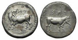 Bruttium, Laos, Stater, ca. 480-460 BC. AR Stater (g 7,99; mm 19,5; h 12). NOΣ (retrograde), Man headed bull l., head reverted; Rv. ΛAΣ (retrograde), ...