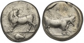 Bruttium, Laos, Stater, ca. 480-460 BC. AR (g 7,99; mm 18; h 3). Man headed bull l., head reverted; acorn in exergue. R/ Man headed bull standing r. H...