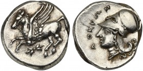 Bruttium, Lokroi Epizephyrioi, Stater, ca. 350-275 BC. AR (g 8,52; mm 21; h 4). Pegasos flying l.; below, thunderbolt, Rv. ΛOKPΩN, head of Athena l., ...