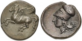 Bruttium, Memsa, Stater, c. 330-320 BC. AR (g 8,02, mm 22, h 9). Pegasos flying l.; monogram below, Rv. Head of Athena l., wearing Corinthian helmet; ...