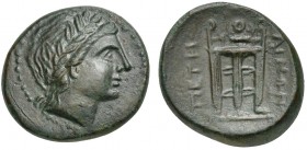 Bruttium, Petelia, late 3rd century BC; AE (g 5,74; mm 20; h 11); Laureate head of Apollo r. Ev. ΠETHΛINΩN, Tripod. HNItaly 2455; SNG ANS 603. Good ve...