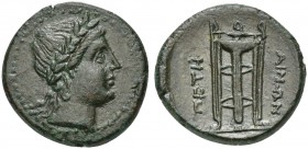 Bruttium, Petelia, late 3rd century BC; AE (g 4,96; mm 19; h 10); Laureate head of Apollo r. Ev. ΠETHΛINΩN, Tripod. HNItaly 2455; SNG ANS 603. Extreme...