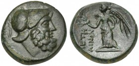 Bruttium, Petelia, late 3rd century BC; AE (g 3,79; mm 16; h 6); Helmeted head of Ares r. Ev. ΠETHΛINΩN, Nike standing l., holding wreath. HNItaly 245...
