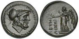 Bruttium, Petelia, late 3rd century BC; AE (g 3,74; mm 16; h 10); Helmeted head of Ares r. Ev. ΠETHΛINΩN, Nike standing l., holding wreath. HNItaly 24...