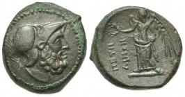 Bruttium, Petelia, late 3rd century BC; AE (g 4.95; mm 16; h 1); Helmeted head of Ares r. Ev. ΠETHΛINΩN, Nike standing l., holding wreath. HNItaly 245...