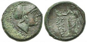 Bruttium, Petelia, late 3rd century BC; AE (g 3.99; mm 15.5; h 6); Helmeted head of Ares r. Ev. ΠETHΛINΩN, Nike standing l., holding wreath. HNItaly 2...