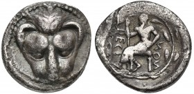Bruttium, Rhegion, Drachm, ca. 450-445 BC. AR (g 3,93; mm 17; h 12). Lion-mask, Rv. RECI-NON, Iocastos enthroned l, holding sceptre; around laurel wre...
