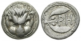 Bruttium, Rhegion, Hemidrachm, ca. 415/0-387 BC; AR (g 1,92; mm 13; h 9). Head of lion facing; Rv. PH within olive sprig. HNItaly 2498. Very fine