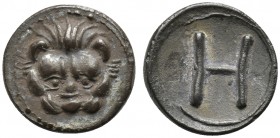 Bruttium, Rhegion, Hemilitron, ca. 415-387 BC; AR (g 0,26; mm 8; h 11); Facing lion's head; Rv. Large H. HNItaly 2500; SNG ANS 675. Good extremely fin...