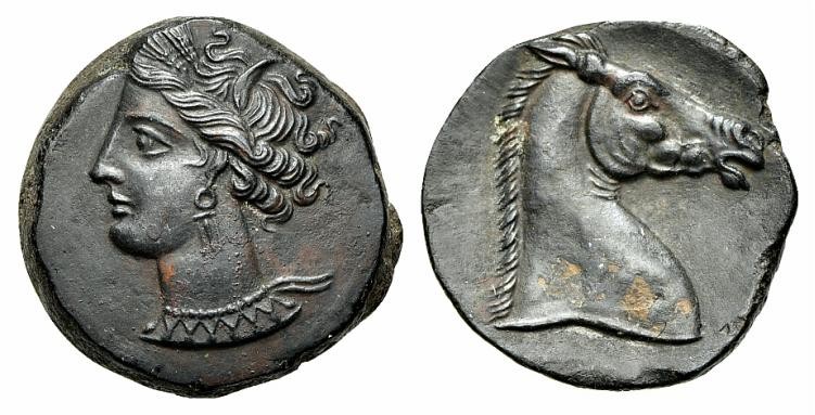 Carthaginian Domain, Sardinia, ca. 264-241 BC; AE (g 5,21; mm 19; h 7). Wreathed...