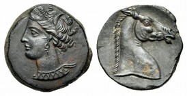 Carthaginian Domain, Sardinia, ca. 264-241 BC; AE (g 5,21; mm 19; h 7). Wreathed head of Kore-Tanit l.; Rv. Head of horse r. Piras 1; SNG Copenhagen (...